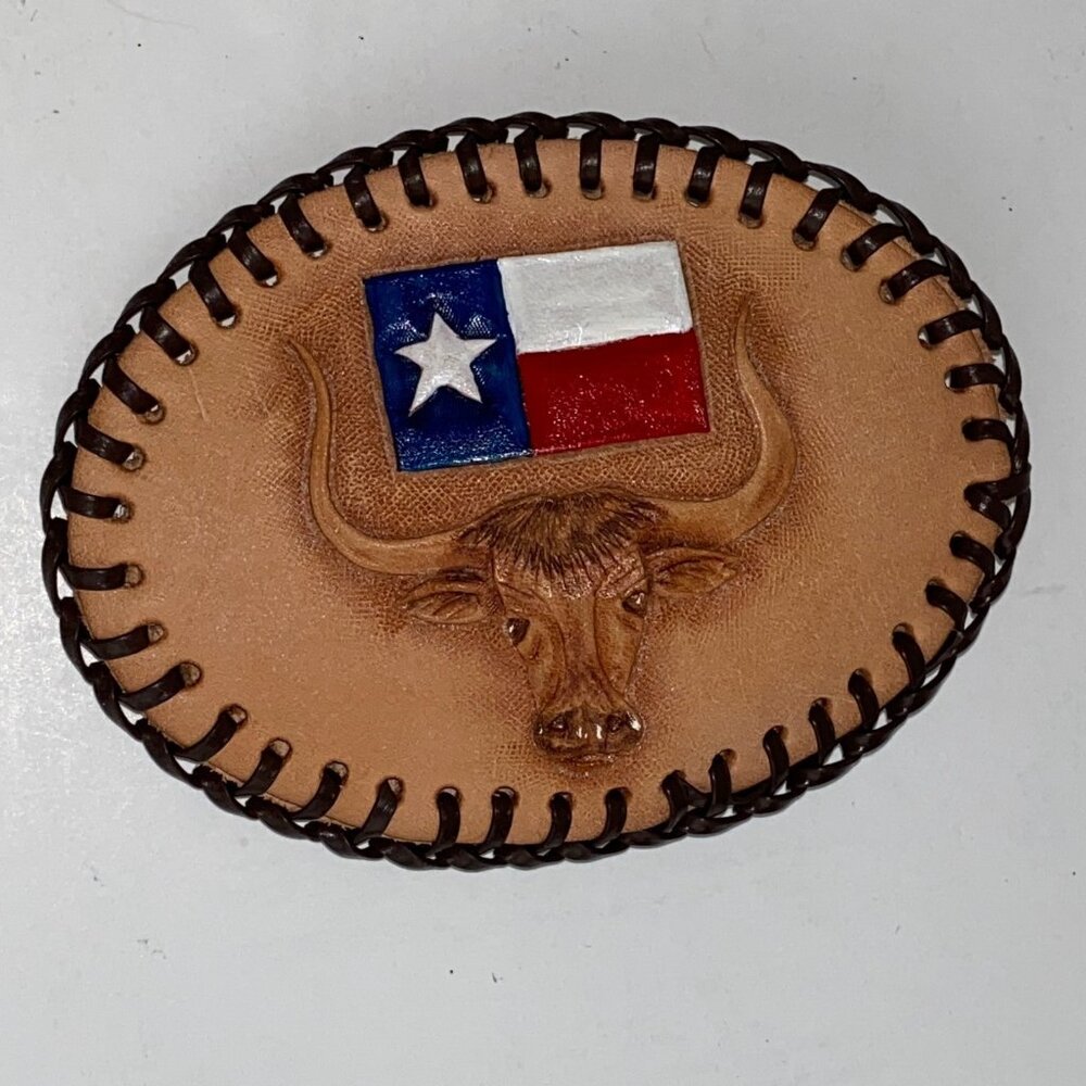 VTG Belt Buckle Master Leather Artist John Glassford Oval Tooled Longhorn Steer
